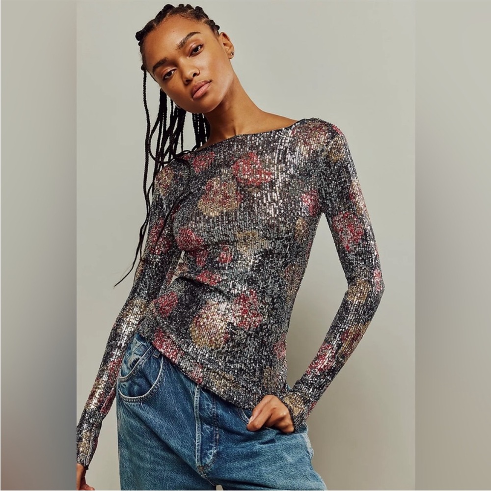 Intimately Free People Gold Rush Sequin Tee in Black Floral Multi. SZ M